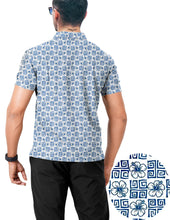 Load image into Gallery viewer, Blue Allover Hibiscus Floral and Tribal Square White Polo Golf Mens Shirt P04671