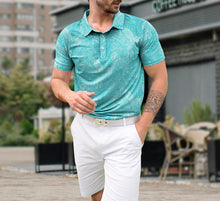 Cargar imagen en el visor de la galería, Teal Blue Allover Tropical Leaves and Parrots Mens Golf Polo Shirt P04675