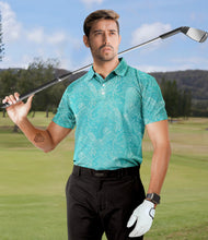 Cargar imagen en el visor de la galería, Teal Blue Allover Tropical Leaves and Parrots Mens Golf Polo Shirt P04675