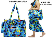 Load image into Gallery viewer, Navy Blue Sunset Island View Printed Hawaiian Style Beach Bag With Beach Wrap and Scrunchy For Women P04691