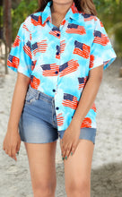 Load image into Gallery viewer, HAPPY BAY Women's Hawaiian Shirt Blue US Flag P07109