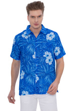 Cargar imagen en el visor de la galería, LA LEELA Mens Hawaiian Shirts Blue Floral Leafs P07221