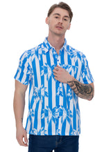 Load image into Gallery viewer, LA LEELA Mens Hawaiian Shirts Blue Palm Stripes P07617
