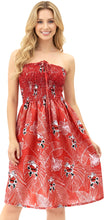 Cargar imagen en el visor de la galería, LA LEELA Women's Beach A line Slit Smocked Mini Dress Ruched Tube Top Evening Short Strapless Casual Christmas Tree Dress for Women L-XL Red Santa P07673