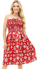 Load image into Gallery viewer, LA LEELA Women's Beach A line Slit Mini Dress Ruched Tube Top Evening Party Short Strapless Casual Christmas Tree Dress for Women L-XL Red Snowflakes P07674