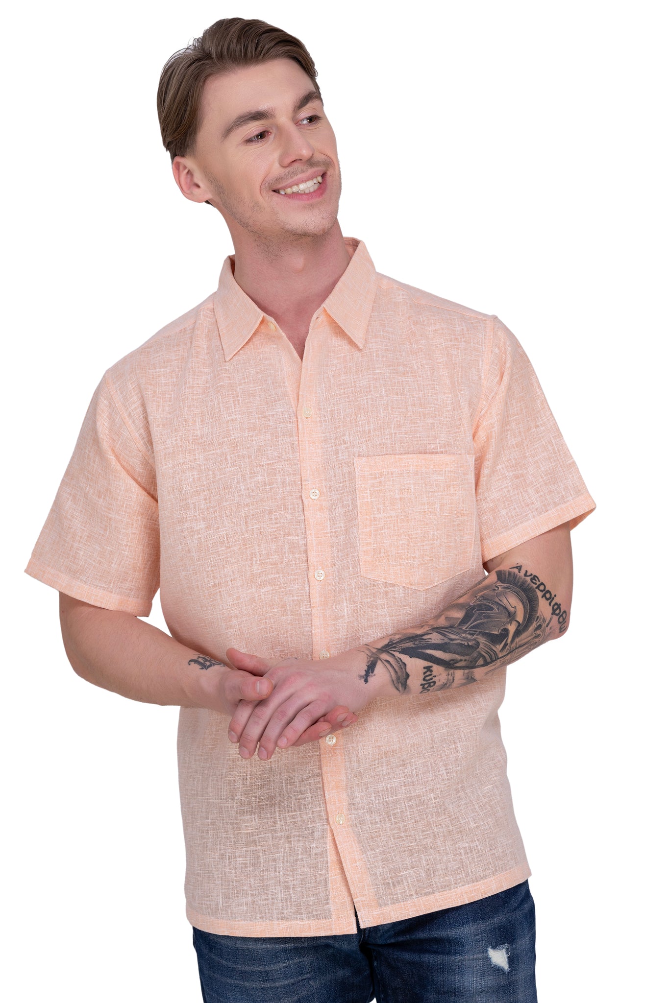 mens dress shirts peach Striped Texture Solid Peach Button Up Men's Long Sleeve Dress Shirt by BESPOKE MODA