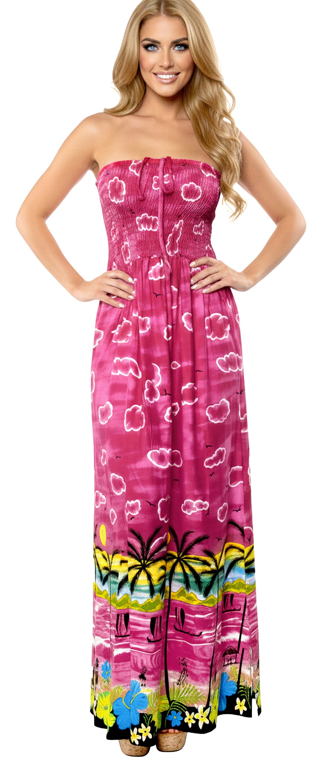 LA LEELA Long Maxi Palm Tree Beach Print Tube Dress For Women P09462 LA LEELA Long Maxi Palm Tree Beach Print Tube Dress For Women P09462