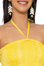 Load image into Gallery viewer, LA LEELA Women's Summer Boho A line Slit Maxi Beach Dress Smocked Top Evening Long Strapless Tube Dresses for Women L-XL Yellow Solid P10230