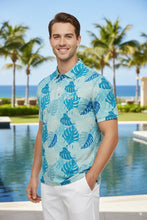 Load image into Gallery viewer, LA LEELA Monstera Leaf Blue Mens Golf Polo Shirt P10346