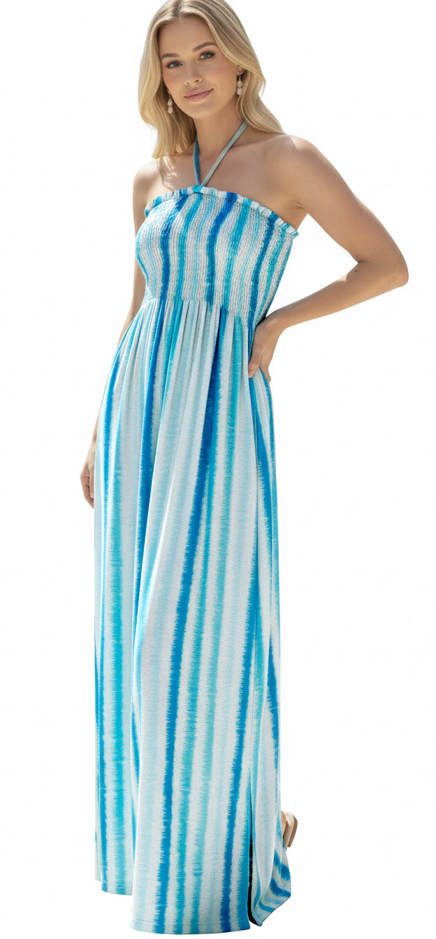 LA LEELA Women's Beach Summer Casual Evening Maxi Slit Tube Dress Strapless  Dresses for Women One Size Blue, Stripes P10364