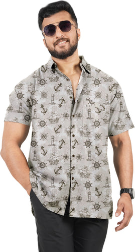Seascape Chronicles Gray Printed Men's Linen Effect Shirt