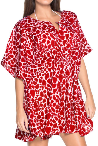 La Leela Red white likre Animal printed Round V Nack Swim Cover Up
