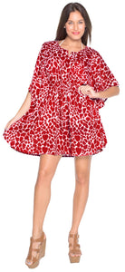 La Leela Red white likre Animal printed Round V Nack Swim Cover Up
