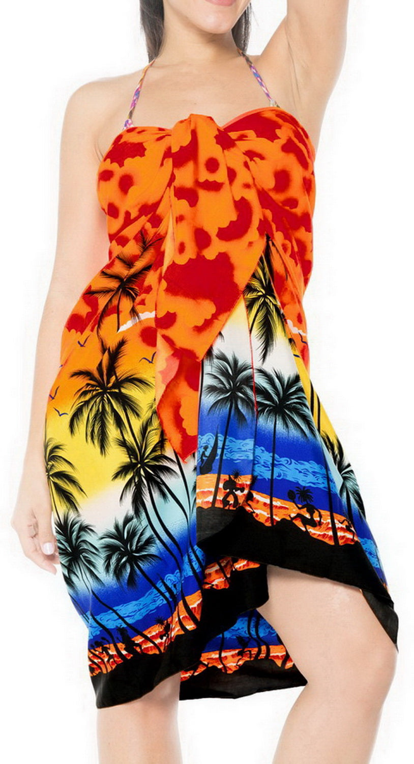 la-leela-swimwear-soft-light-women-bathing-suit-swimsuit-sarong-printed-Palm -tree-Hawaiian-Printed-Orange