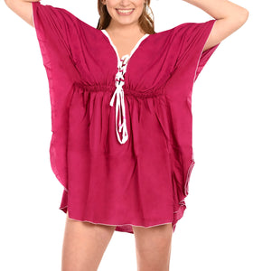 La Leela Rayon Deep V Neck Solid Dark Beach Stretchy Tunic Cover Up Women Pink
