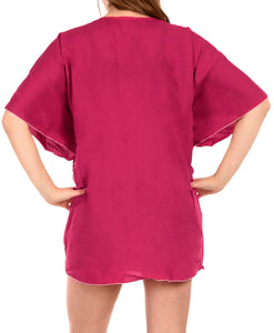 La Leela Rayon Deep V Neck Solid Dark Beach Stretchy Tunic Cover Up Women Pink