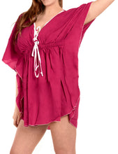 Load image into Gallery viewer, La Leela Rayon Deep V Neck Solid Dark Beach Stretchy Tunic Cover Up Women Pink