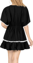 Load image into Gallery viewer, La Leela Cotton V NECK POM POM LACE Beach SWIMSUIT Cover up TUNIC Caftan Black