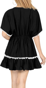 La Leela Cotton V NECK POM POM LACE Beach SWIMSUIT Cover up TUNIC Caftan Black