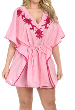 Load image into Gallery viewer, La Leela SOFT Rayon Embroidered Neck Bikini Swimwear TUNIC Evening Dress Pink