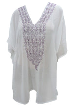 Load image into Gallery viewer, La Leela White Lightweight Chiffon Deep Neck Embroidered Swimwear Cover up TUNIC