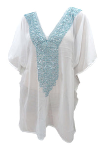 Ladies LIGHTWEIGHT CHIFFON Sequin Beachwear Dress Cover up Caftan Plus Sea Blue