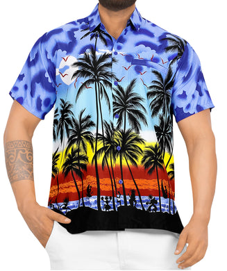 LA LEELA Men's Relaxed fit Beach hawaiian Shirt Aloha Tropical Beach  front Pocket Short sleeve Palm tree printed Blue P00003