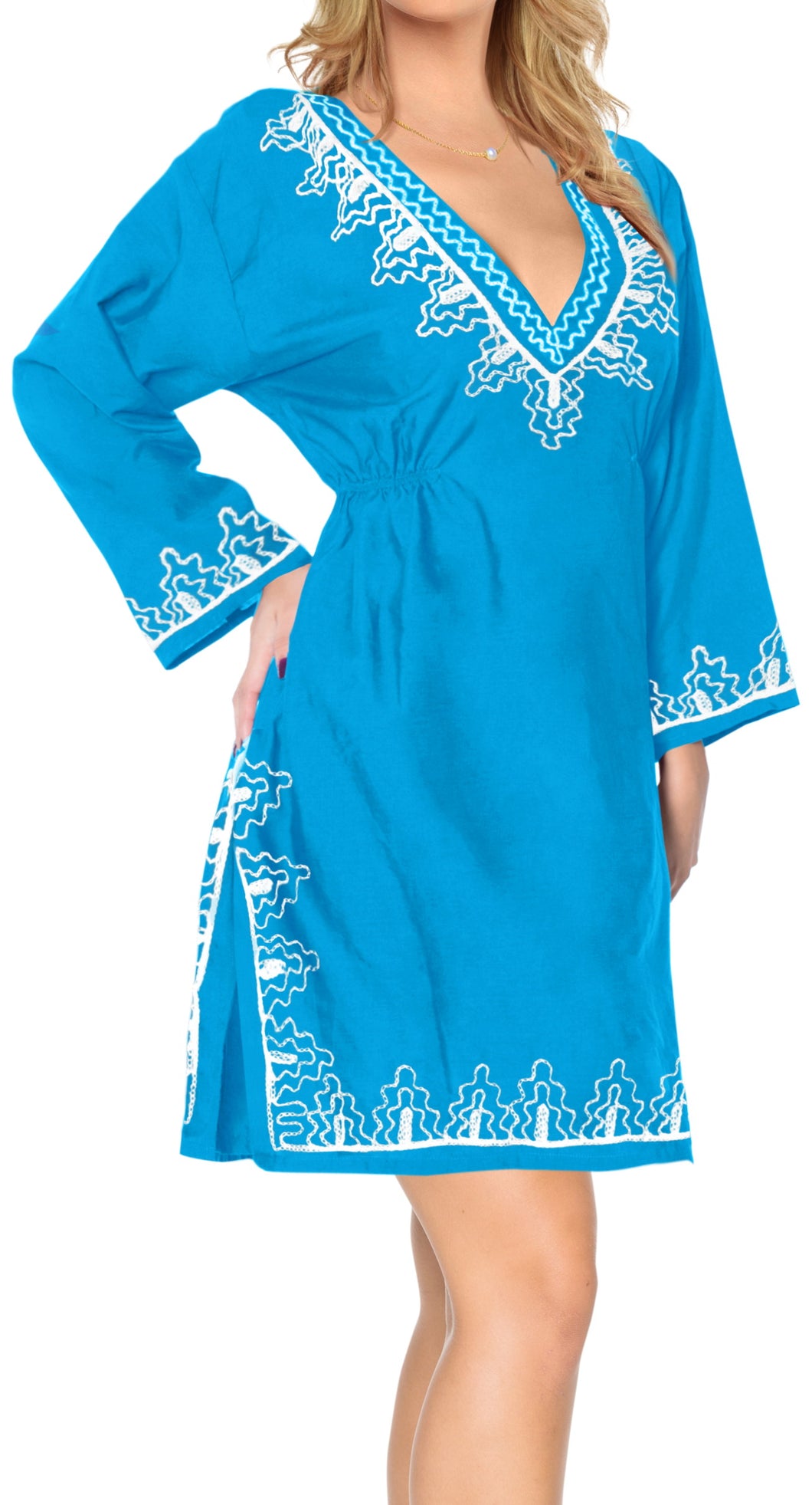 La Leela Embroidered RAYON SWIMSUIT Beach Cover up Tunic Bikini Dress Blue