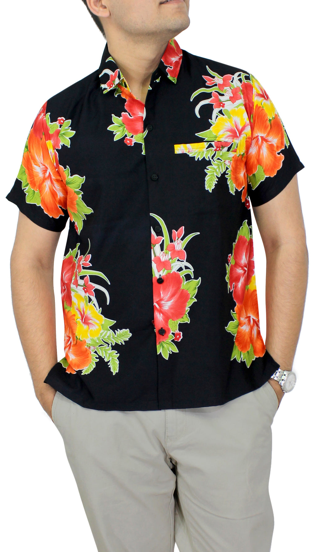 LA LEELA Men's Casual Beach hawaiian Shirt Aloha Tropical Beach  front Pocket Short sleeve Black