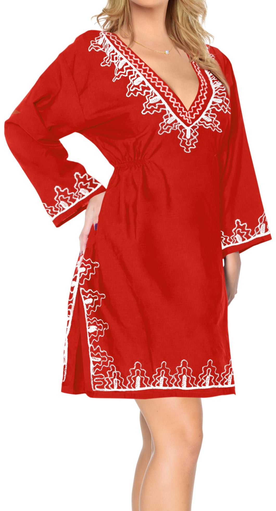 La Leela Embroidered RAYON SWIMSUIT Beach Cover up Tunic Bikini Dress Red