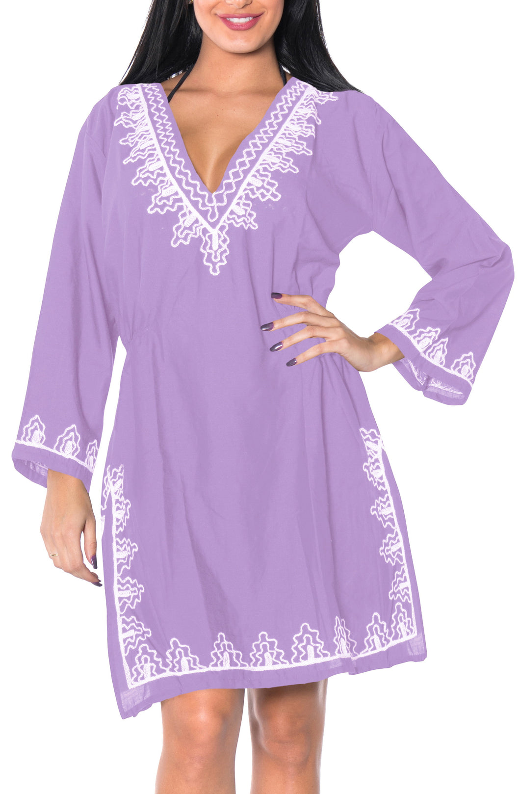 La Leela Embroidered RAYON SWIMSUIT Beach Cover up Tunic Bikini Dress Purple