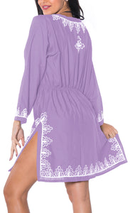 La Leela Embroidered RAYON SWIMSUIT Beach Cover up Tunic Bikini Dress Purple