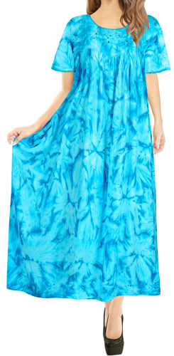 LA LEELA Rayon Tie Dye Beach Formal Beach Casual DRESS Beach Cover up Womens  Teal Blue 117 One Size