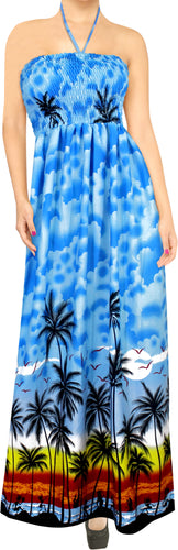 LA LEELA Long Maxi Tropical Palm Tree Beachy Print Halter Neck Tube Dress For Women Beach Vacation Cruise Outfit Ladies