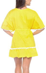 La Leela Rayon V NECK POM POM LACE Beach SWIMSUIT Cover up TUNIC Caftan Yellow