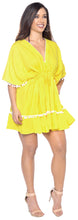 Load image into Gallery viewer, La Leela Rayon V NECK POM POM LACE Beach SWIMSUIT Cover up TUNIC Caftan Yellow