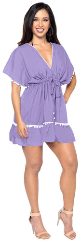 La Leela Rayon V NECK POM POM LACE Beach SWIMSUIT Cover up TUNIC Light Purple