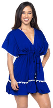 Load image into Gallery viewer, La Leela Beach Swimwear Rayon Designer White Pom Pom Lace Tunic Cover Up Blue
