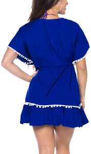 La Leela Beach Swimwear Rayon Designer White Pom Pom Lace Tunic Cover Up Blue