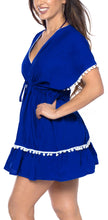 Load image into Gallery viewer, La Leela Beach Swimwear Rayon Designer White Pom Pom Lace Tunic Cover Up Blue