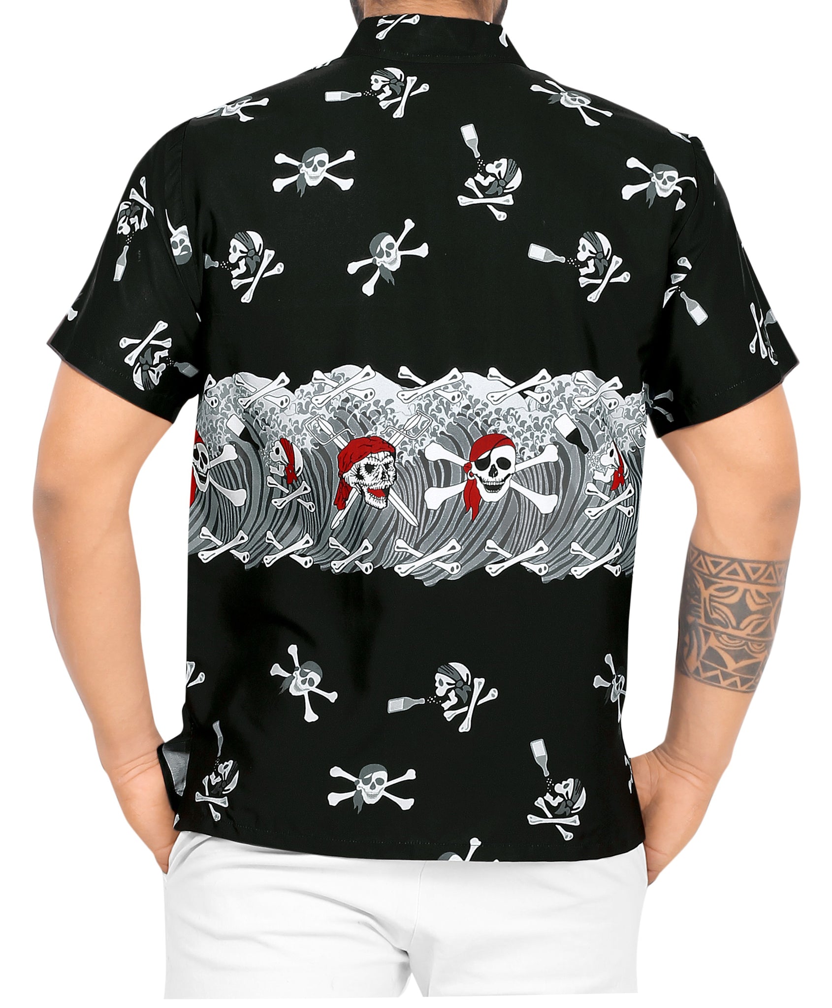 LA LEELA Men's Hawaiian Shirt - Caribbean Pirate Skull Design 3XL Orange - Scary Skull Print Aloha Shirt