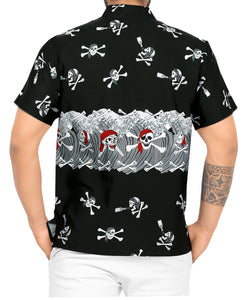 La Leela Men's Causal Halloween Skull Cross & Pirates Printed Black Shirt
