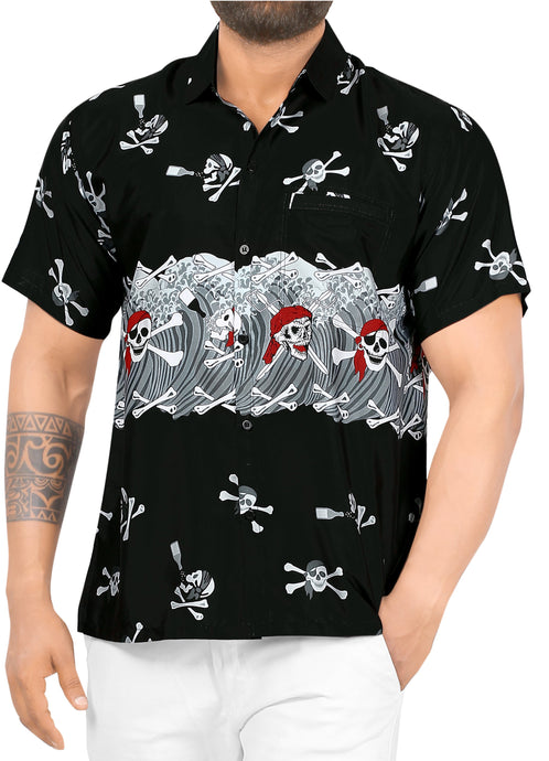 La Leela Men's Causal Halloween Skull Cross & Pirates Printed Black Shirt