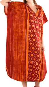 LA LEELA Cotton Batik Printed Women's Kaftan Kimono Summer Beachwear Cover up Dress  Red_O797