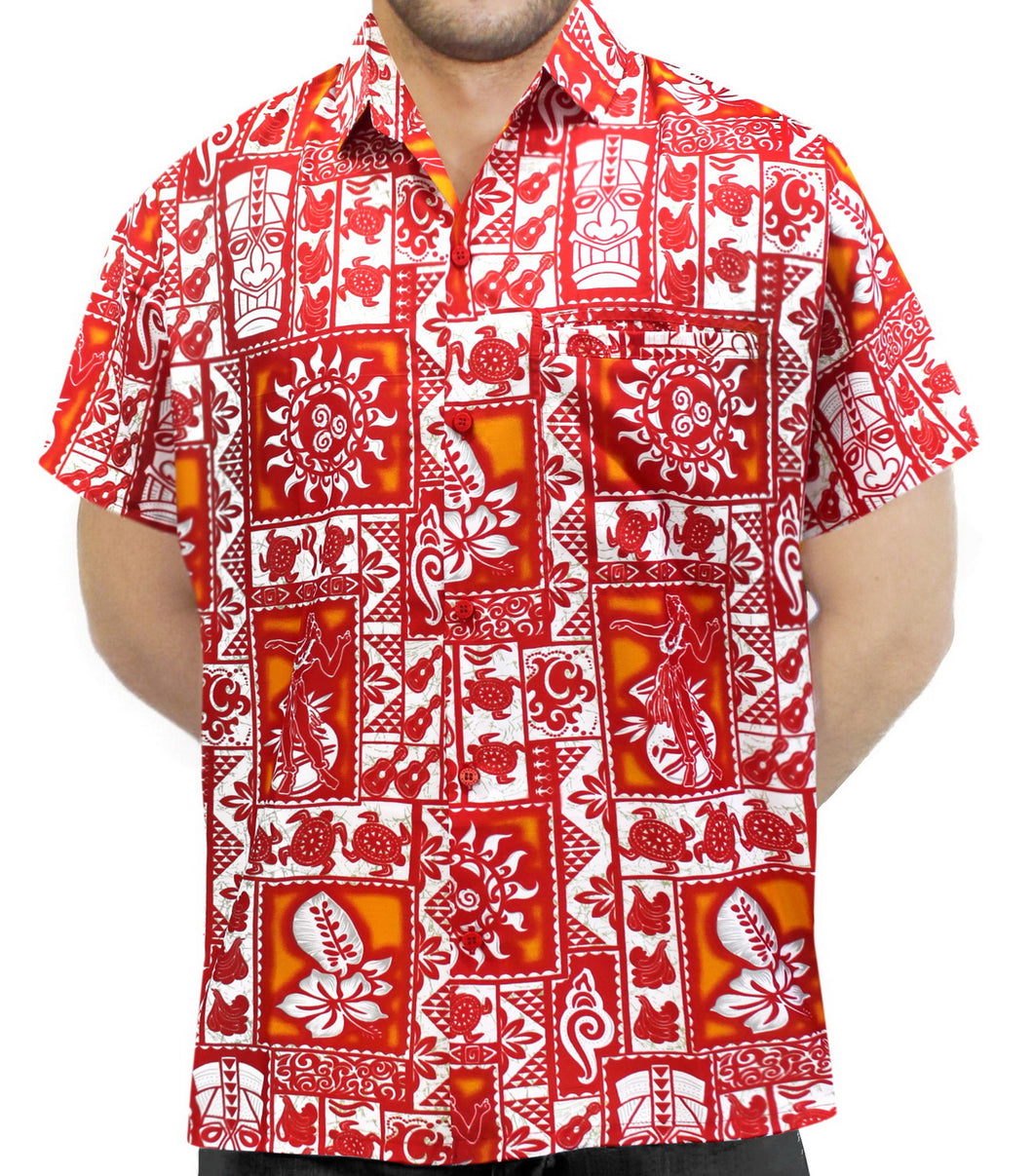 LA LEELA Shirt Casual Button Down Short Sleeve Beach Shirt Men Aloha Pocket Shirt Blood Red_W326