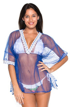 Load image into Gallery viewer, La Leela Net Border Plain Transparent Deep V Neck Beach Cover up Bright Blue