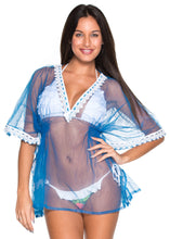 Load image into Gallery viewer, La Leela Net Deep V Neck Border Plain Transparent Tunic Cover up Matte Blue