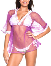 Load image into Gallery viewer, La Leela Net Border Plain Transparent Deep V Neck Beach Cover up Bright Violet