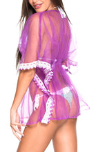 Load image into Gallery viewer, La Leela Net Border Plain Transparent Deep V Neck Beach Cover up Bright Violet