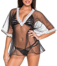 Load image into Gallery viewer, La Leela Net Deep V Neck Border Plain Transparent Tunic Cover up Matte Black